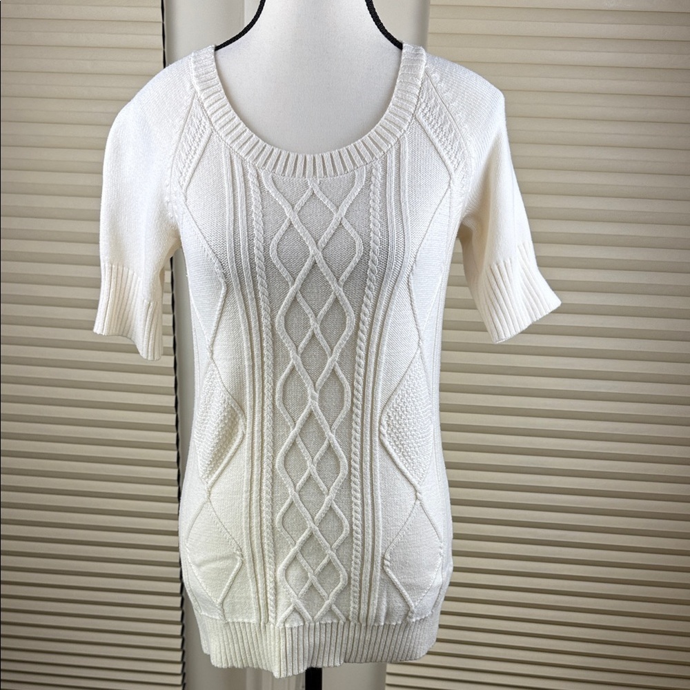Smart Set Sweater Cream Cable Knit Short Sleeve Cozy Warm Office, Women's Size M